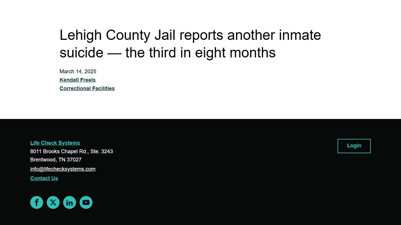 Lehigh County Jail reports another inmate suicide - the third in eight months - Life Check Systems